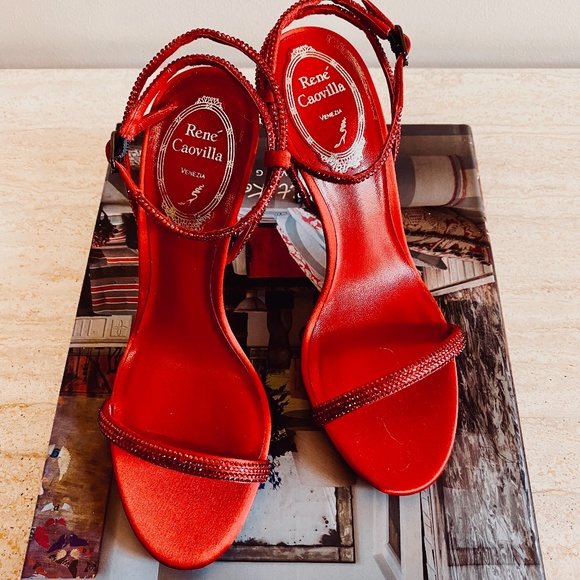 Rene Caovilla Red Satin Heels with Crystal Straps NWT - Picture 5 of 12